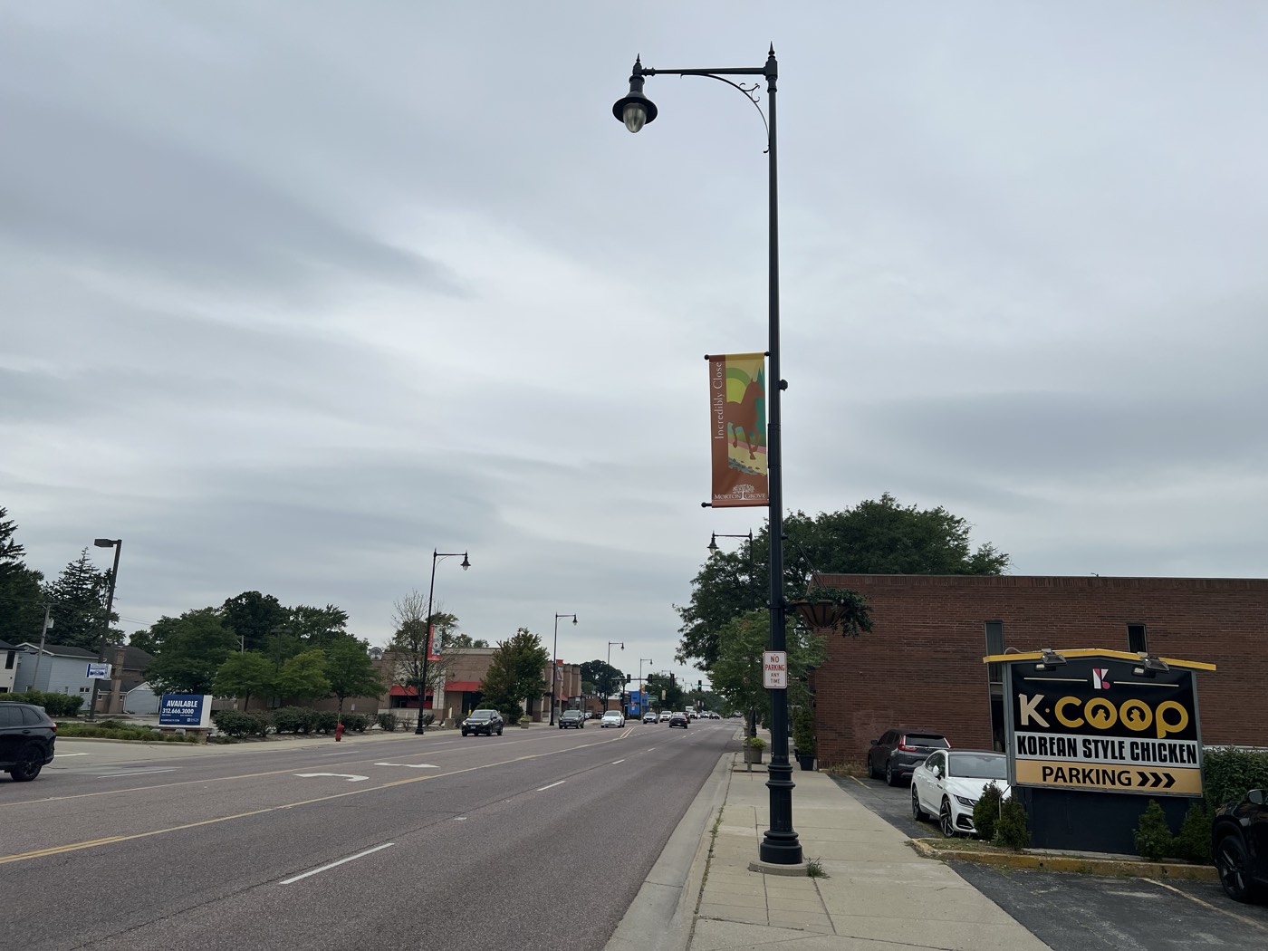 Village of Morton Grove banner on a lamppost along the Dempster Street business strip in Morton Grove, Illinois